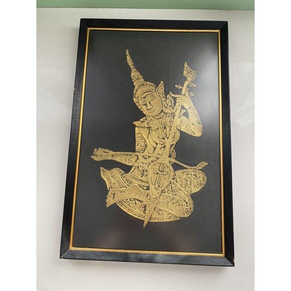 Vintage Frame Thai/Cambodian Angkor Wat Temple Rubbing Art Traditional Flute